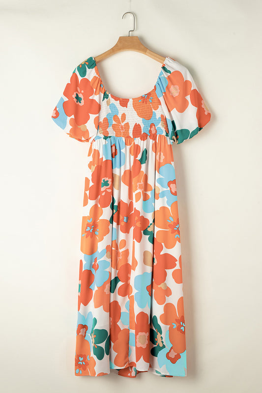 Orange Plus Size Blume Print Shirted Square Neck Maxikleid