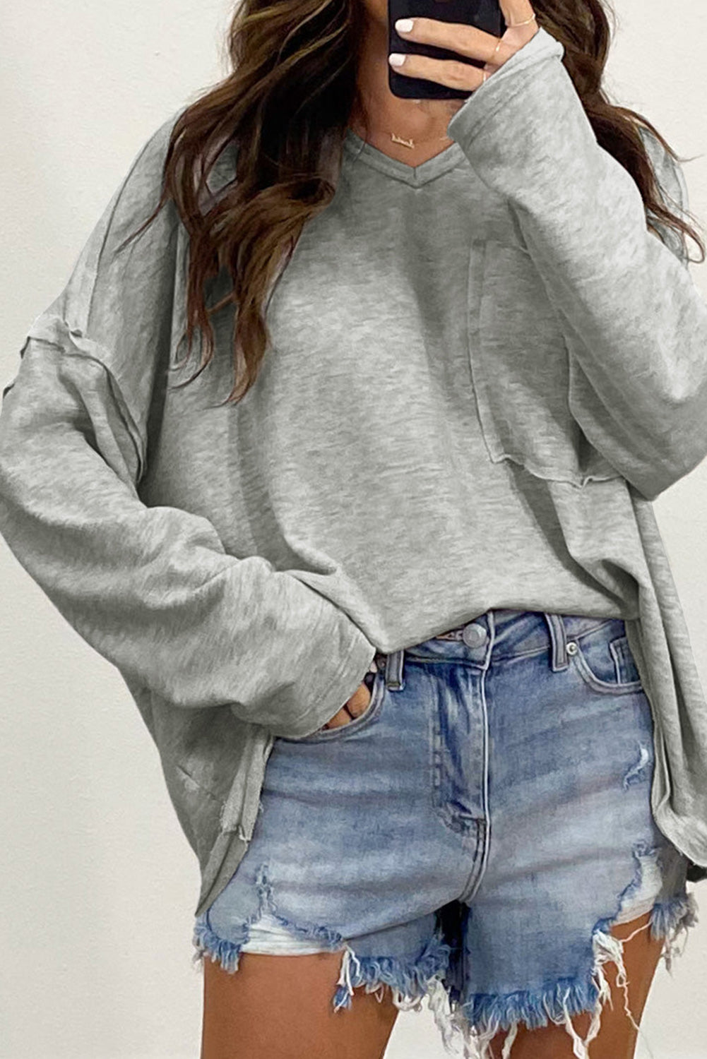 Gray Pocketed Oversized Drop Sleeve Top