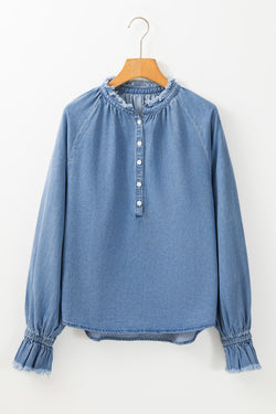 Half-drawn denim top with raw hem and sky blue ruffles