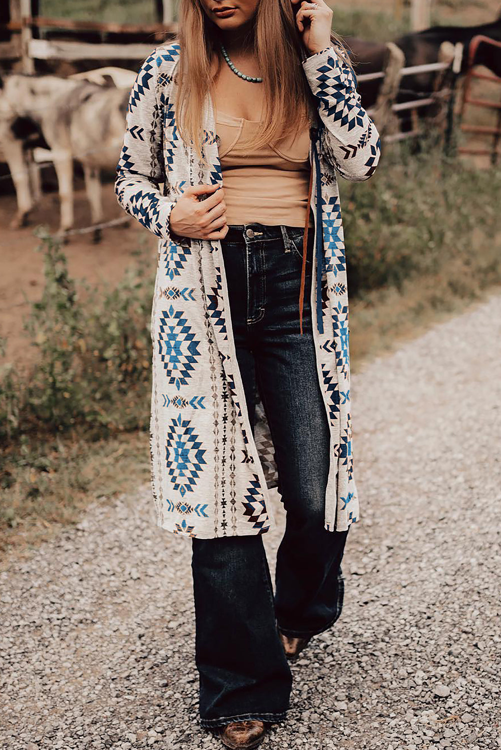 Long cardigan open on the front western Aztec print blue sky