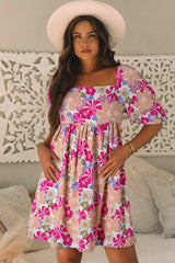 Vestido de babydoll de verano de flores, cuello cuadrado, mangas hinchadas, rosa