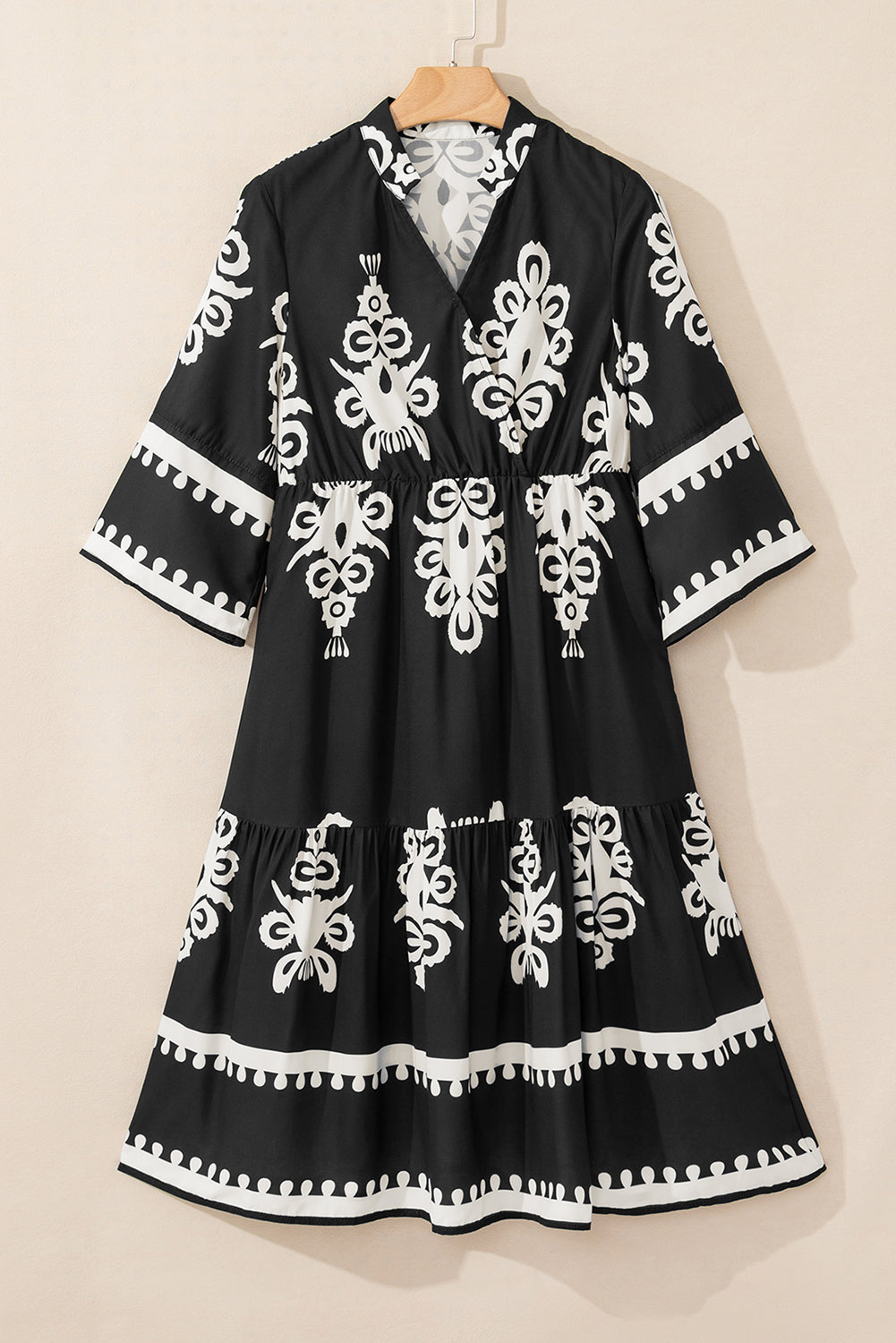 Robe midi ample noire à imprimé géométrique western à manches 3/4