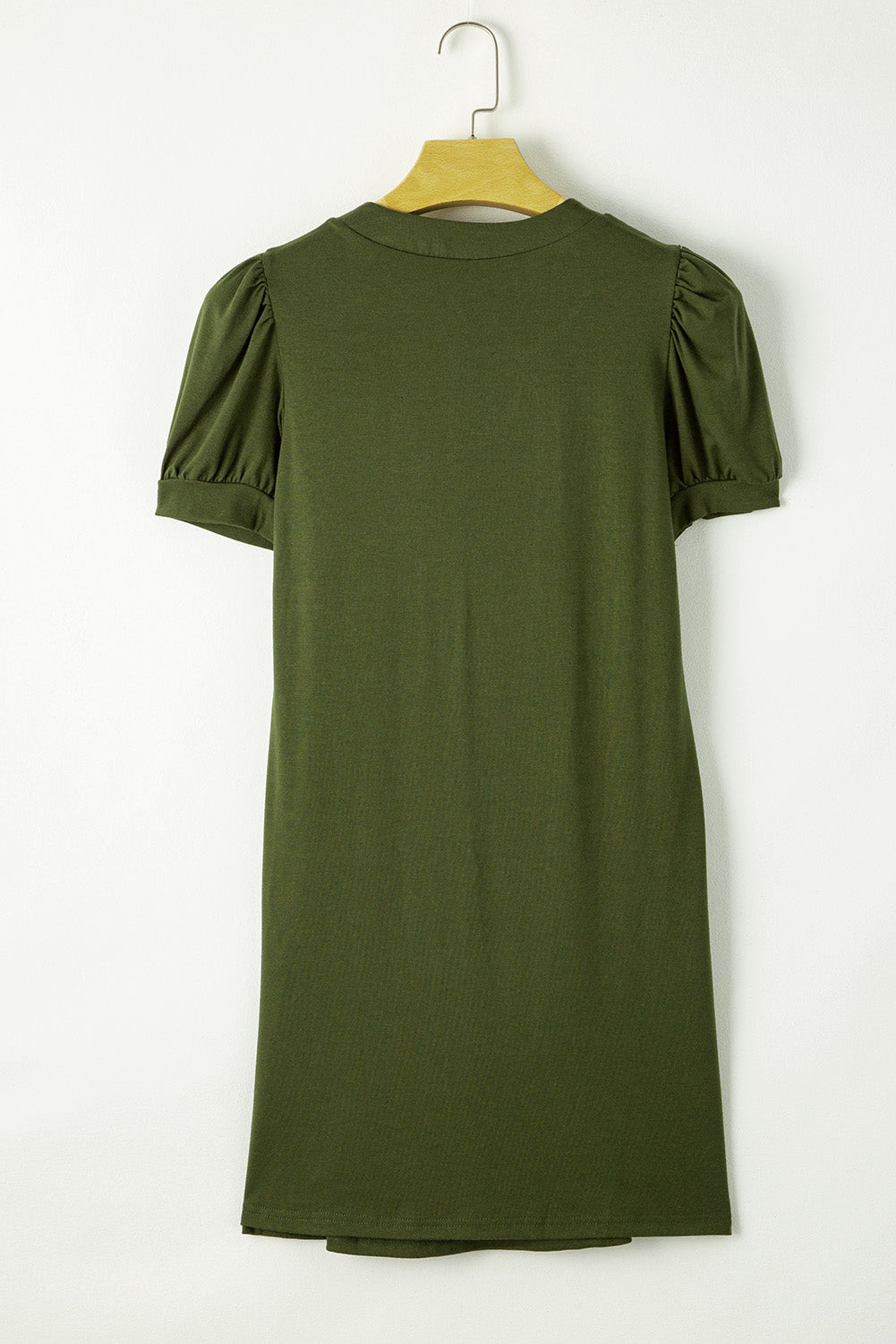 Robe t-shirt droite plissée à col cranté et manches bouffantes vert fougère