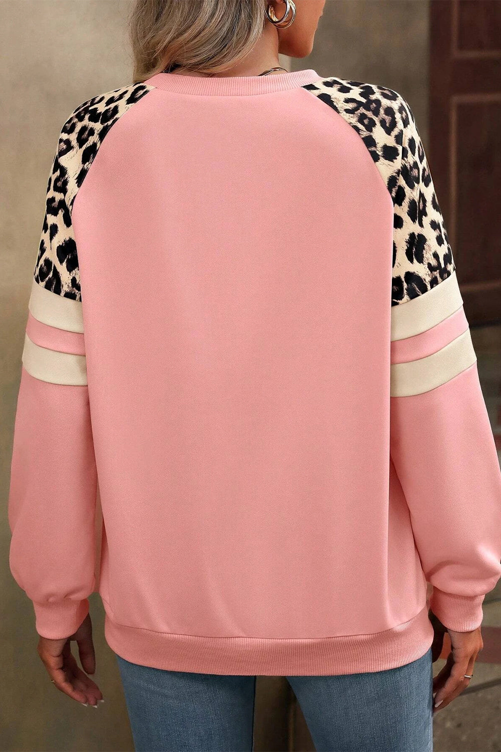 Pfirsichblüte Leopard Print Colorblock Raglan Ärmel Sweatshirt