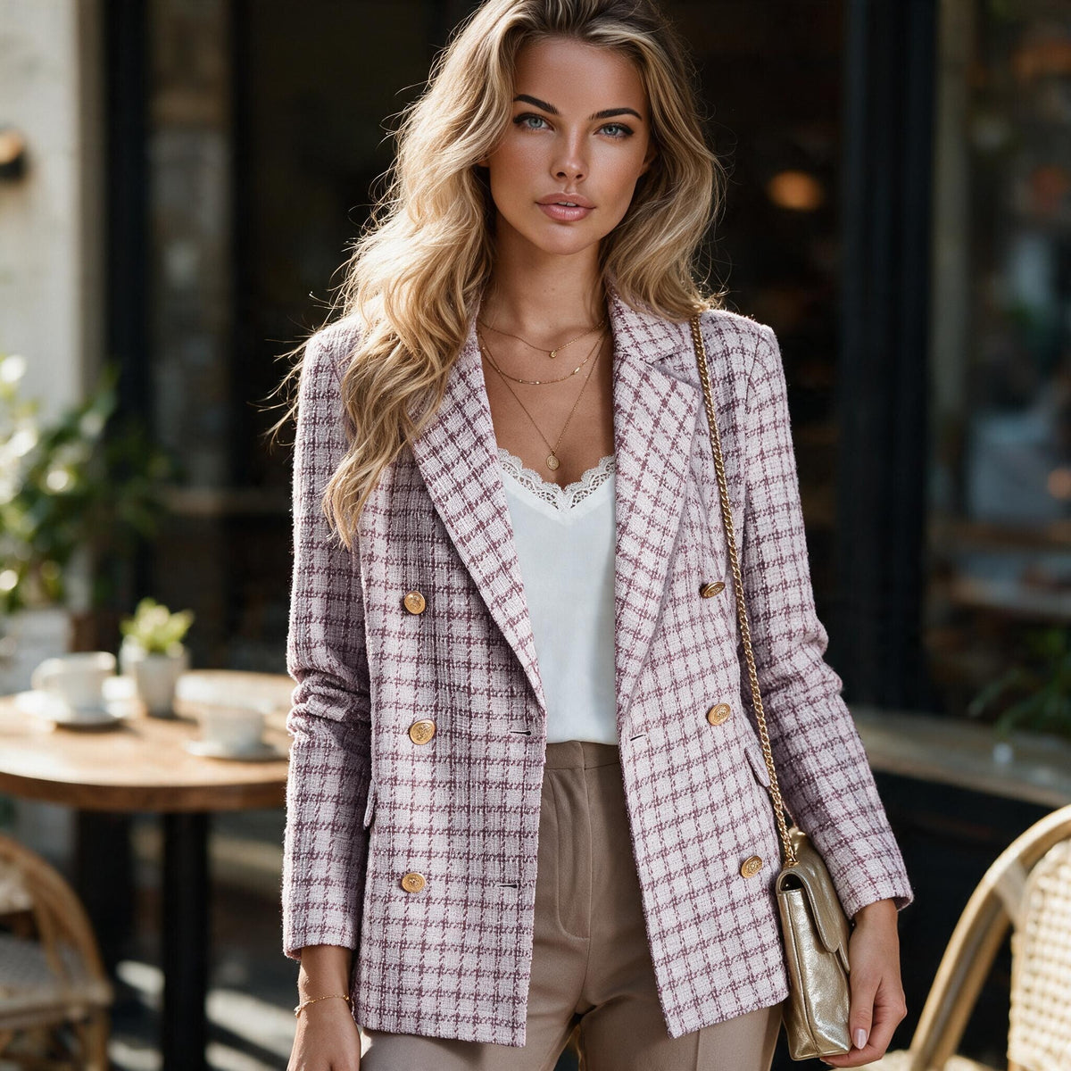 Blazer bordeaux à carreaux effet tweed et col à revers