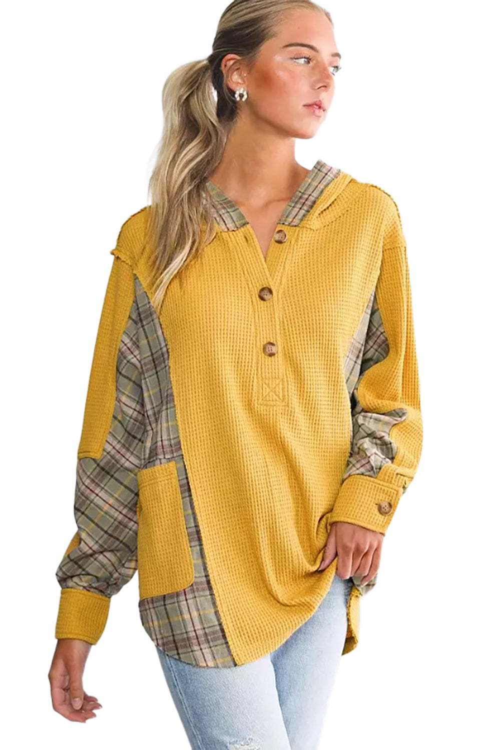 Waffle de color amarillo Knit Pathwork con sudadera con capucha Henley Henley