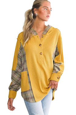 Yellow Henley Hoodie with Pockets and Waffle Knit Plaid Patchwork