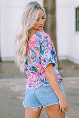 T-shirt ample à col en V et imprimé floral rose