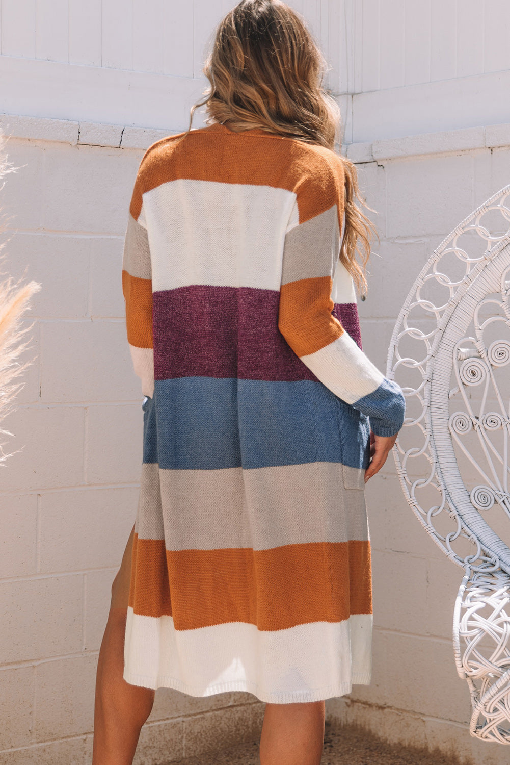 Multicolor Color Block Open Front Long Knit Cardigan