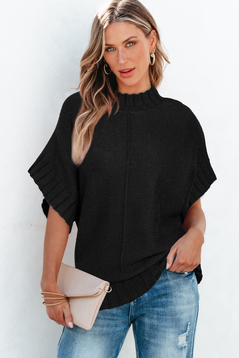 Black Mock Neck Batwing Pull en tricot à manches courtes