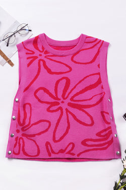 High knitting with buttoned sleeveless flowers on the bright pink sides