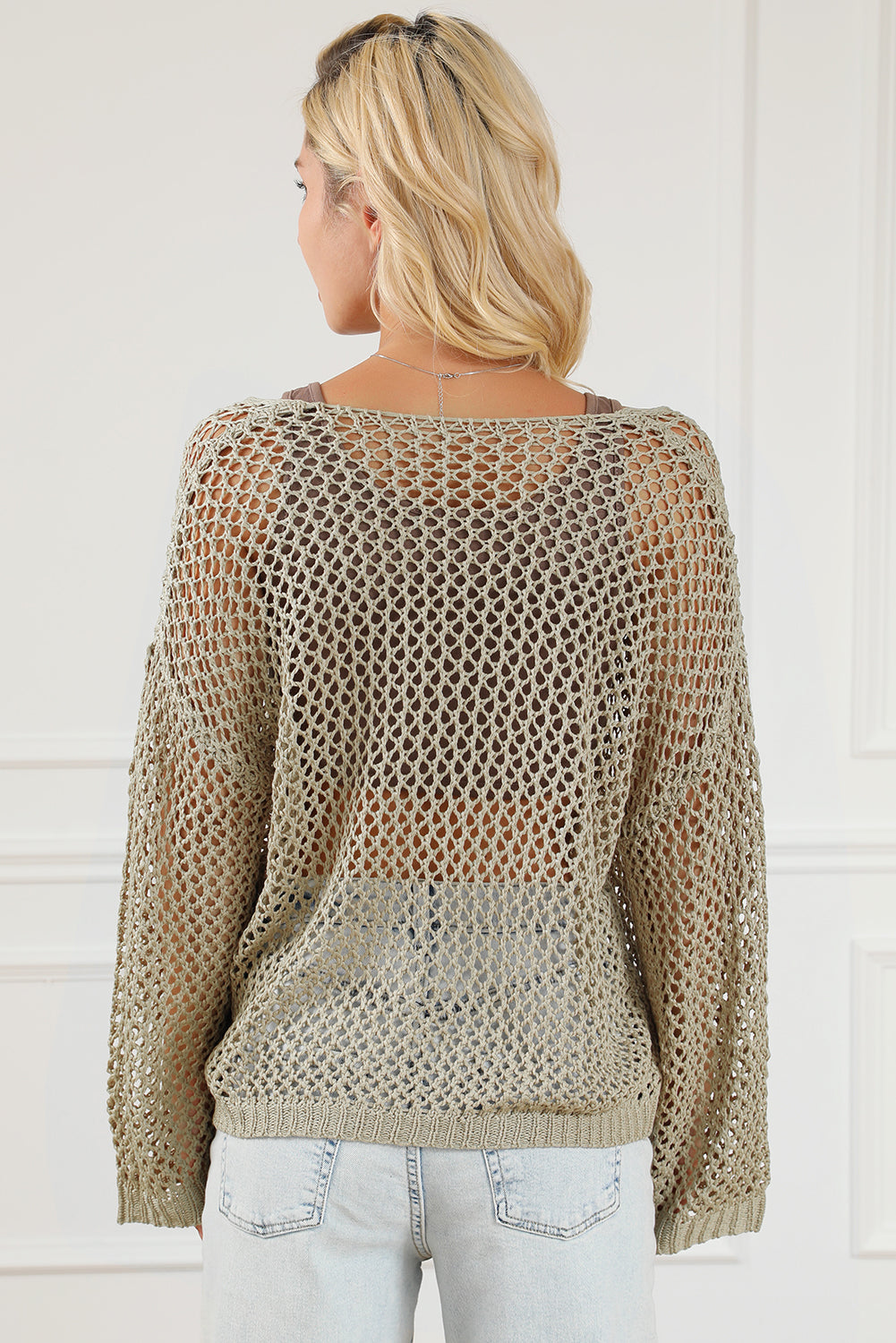 Light French Beige Star Pointelle Knit Loose Sweater