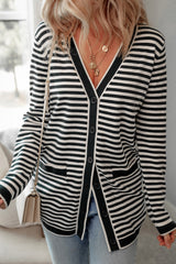 Cardigan tunique boutonné à manches longues et rayures noires-A WOMAN WE LOVE