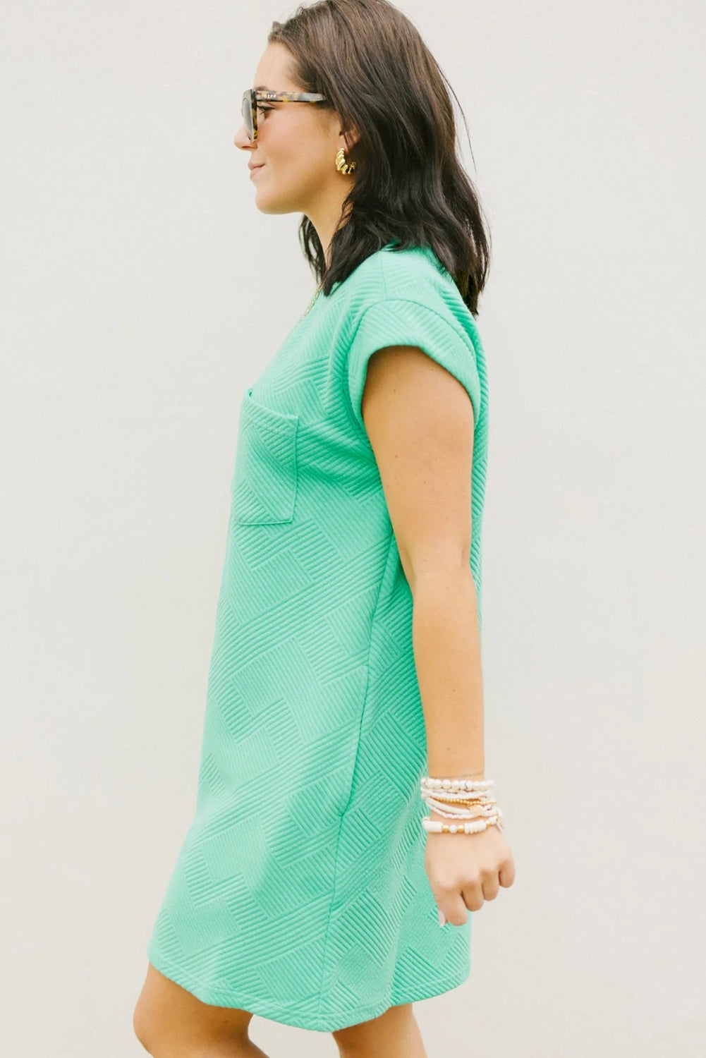 Mint Green Textured Cap Sleeve T Shirt Dress