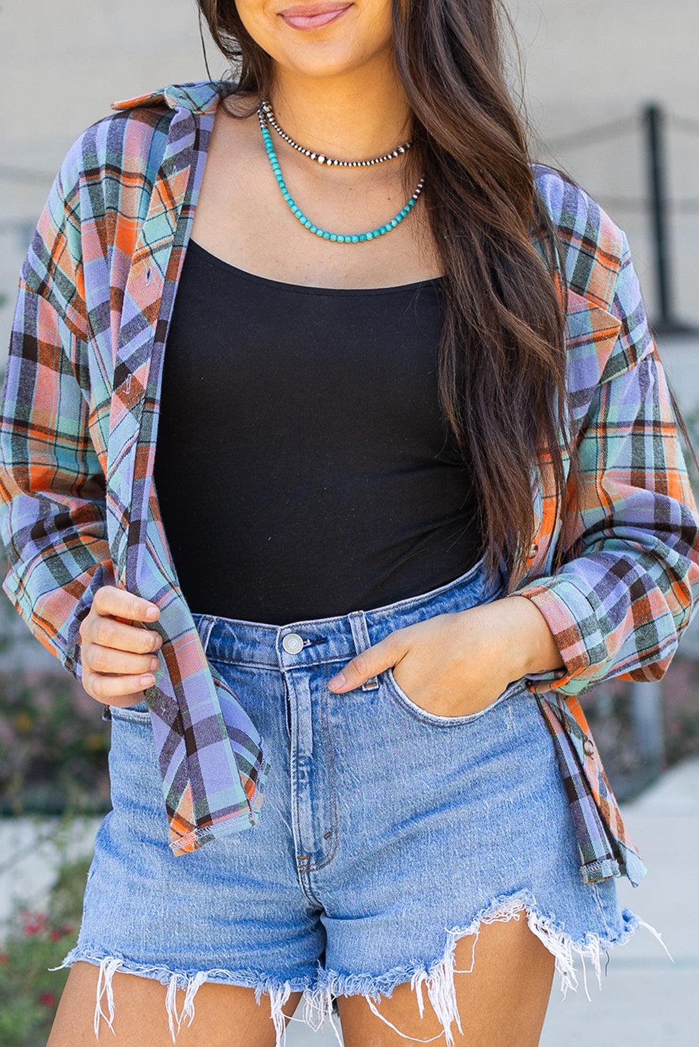 Naranja con estampado a cuadros Camisa vintage suelta