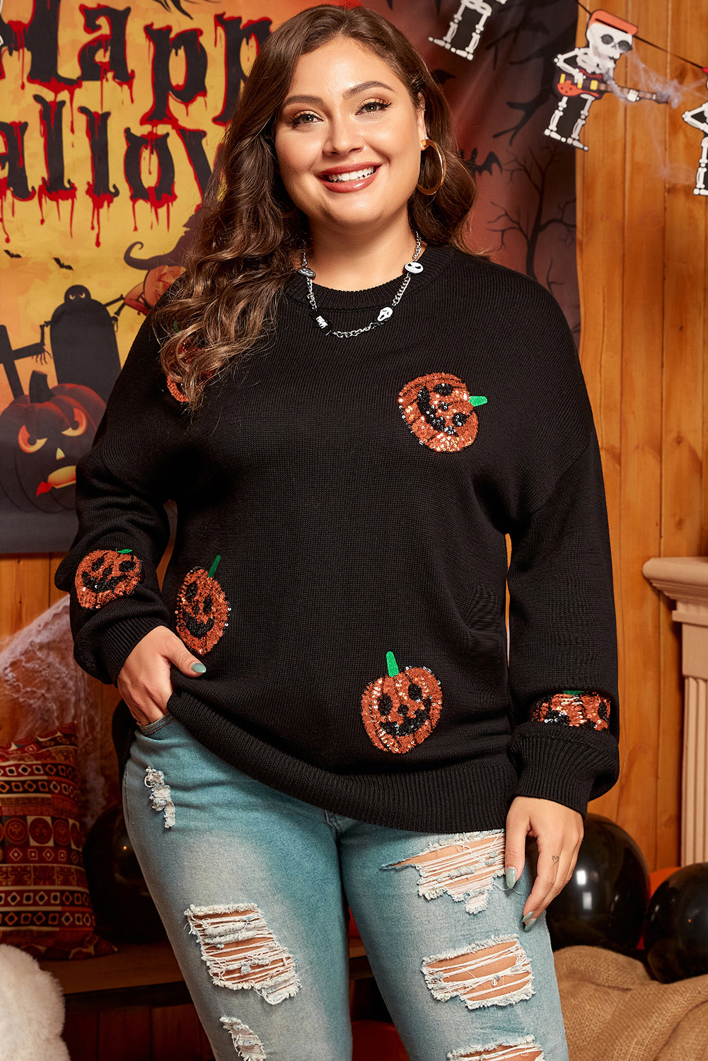 Plus Size Black Halloween Sequin Pumpkin Pattern Sweater