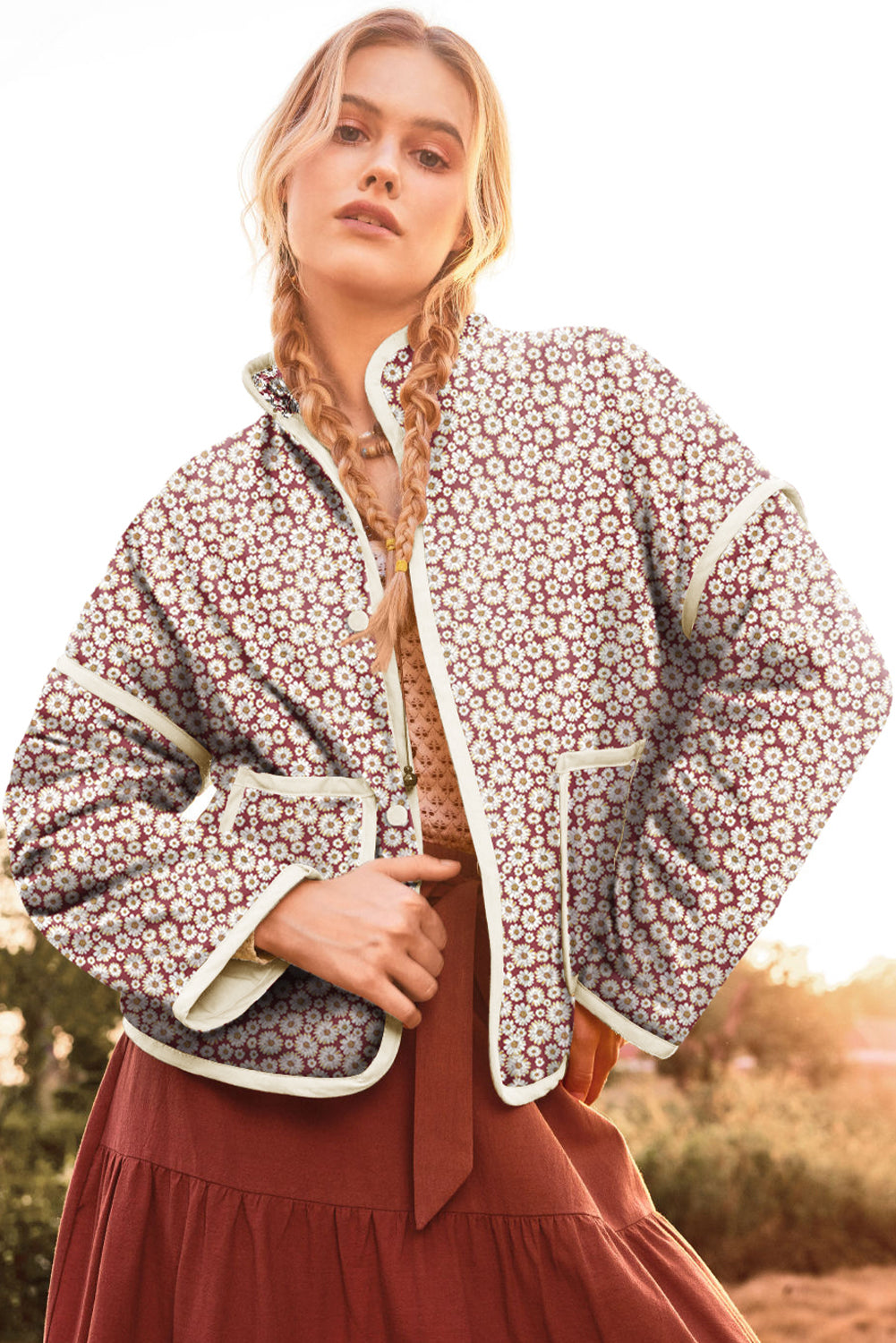 Rose -collar pink jacket with contrasting pockets and edges with floral print