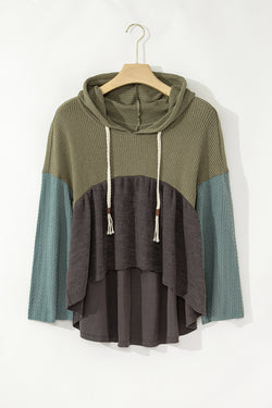 Laurel Green Mixed Textured Color Patchwork Frayed Wide Sleeve High Low Hoodie Top