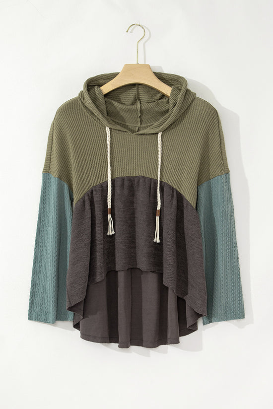 Laurel Green Mixed Textured Color Patchwork Frayed Wide Sleeve High Low Hoodie Top