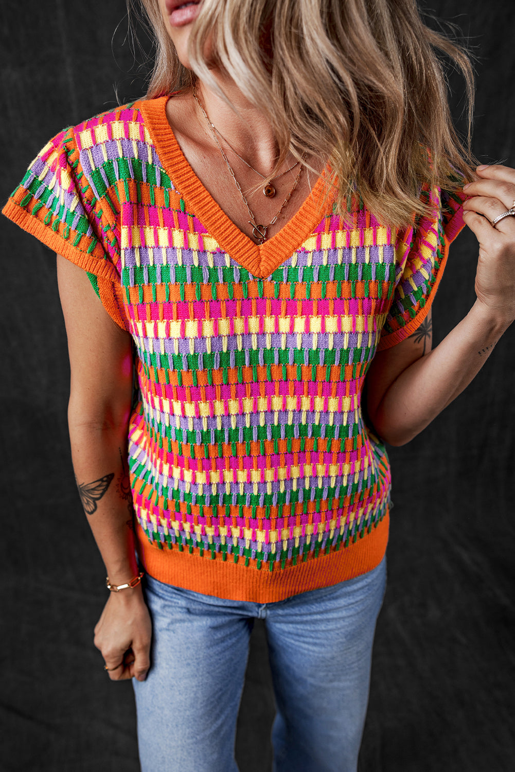 Top maglione a maglia a maglia arancione arancione multicolore