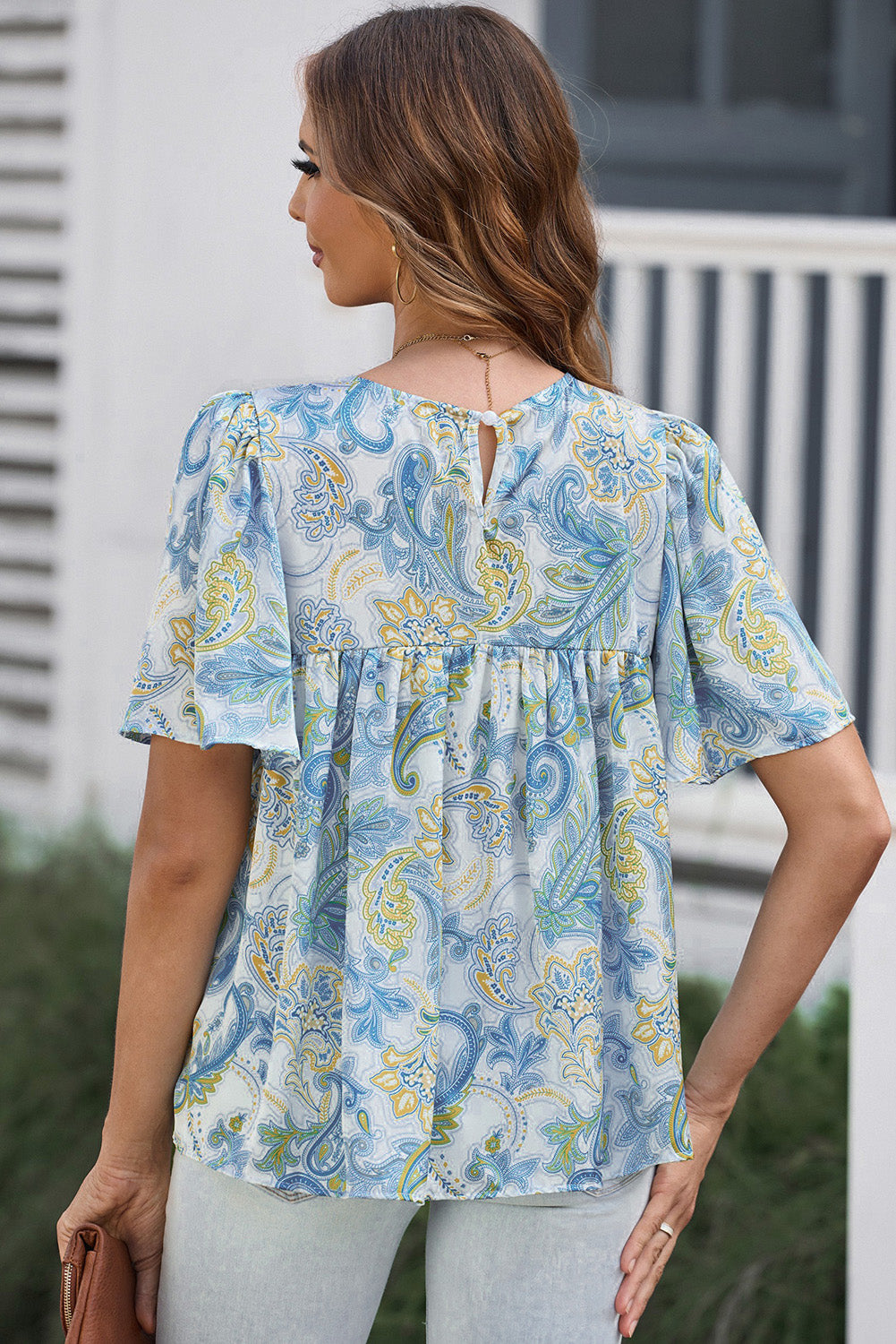 Sky Blue Paisley drucken breite Ärmel lose Bluse