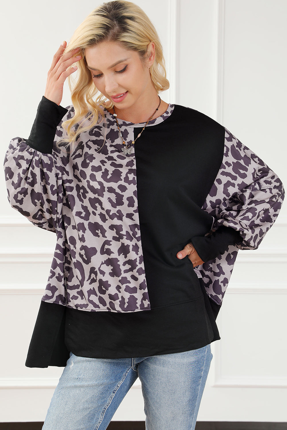 Bishop Sweatshor Black Sweins y Patchwork Leopard