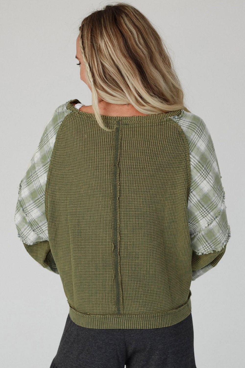 Green Plaid Waffle Knit Bubble Sleeve Top with Exposed Seams