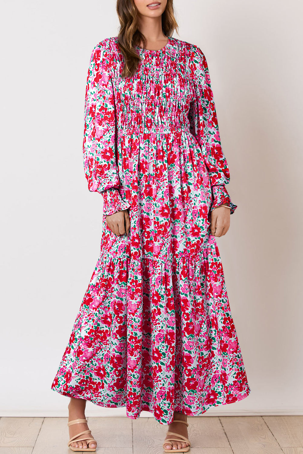 Sky Blue Floral Print Ruffled Lantern Sleeve Smocked Maxi Dress