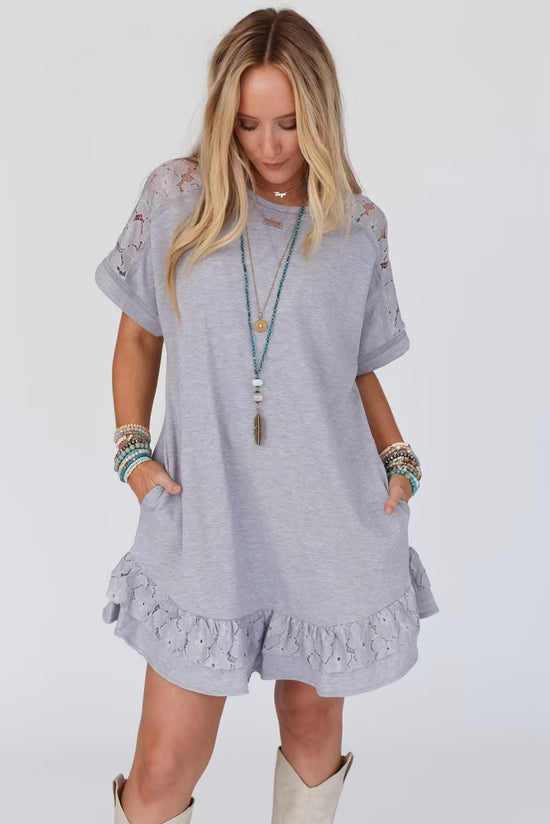 Light Grey Floral Lace Patchwork Ruffle T-Shirt Dress