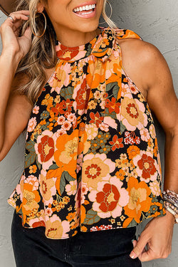 Orange Floral Print Halter Neck Sleeveless Top