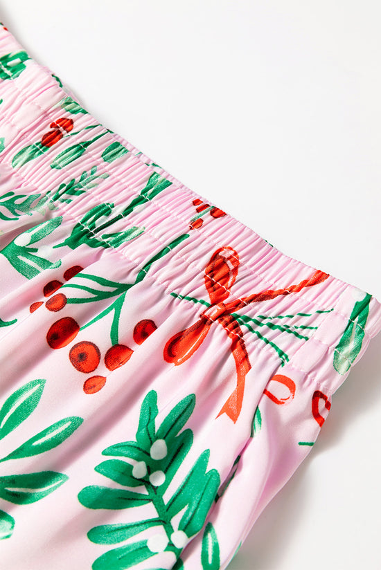 Pink pajama set with long sleeves in satin printed plants and Christmas berries