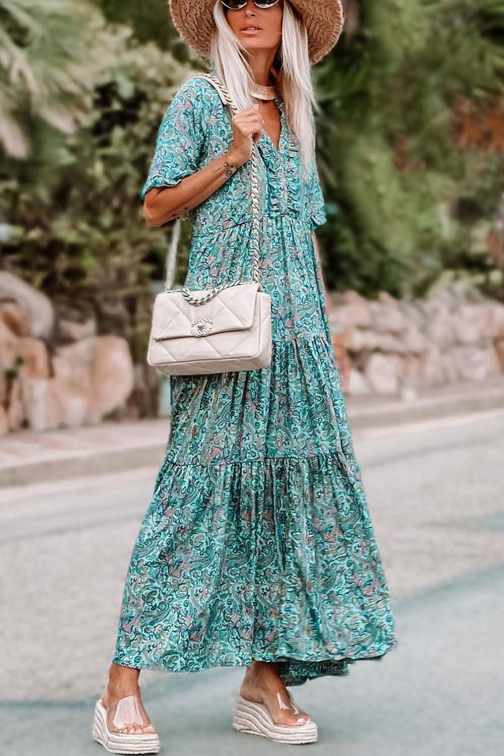 Sky Blue Paisley Print Boho Holiday Ruffle MAXI Robe