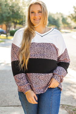 Bloque de color de leopardo de impresión negra negra con mangas largas y collar grande en V -neck