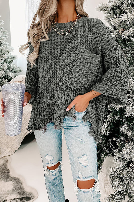 Grey zerrissen rohe Saum -klobige Pullover -Pullover