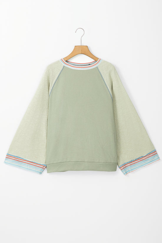 Meadow Mist Green Waffle Knit Wide Sleeve Patchwork Raglan Top