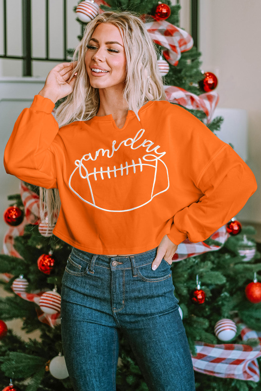 Sweat-shirt orange à col cranté avec inscription « Game Day » Rugby Football