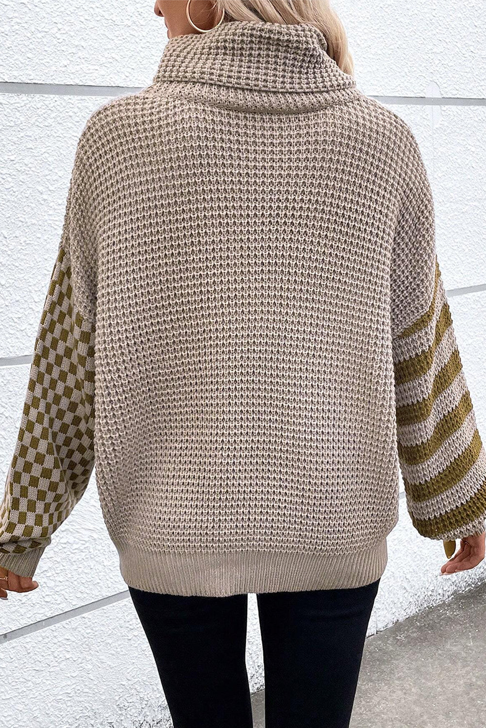 Rauchgrau gestreiftes Plaid Patchwork Waffel Strick Rollkragenpullover Pullover