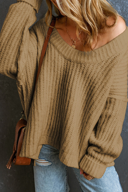 Khaki rippte rund Hals schlampig, klobiger Pullover