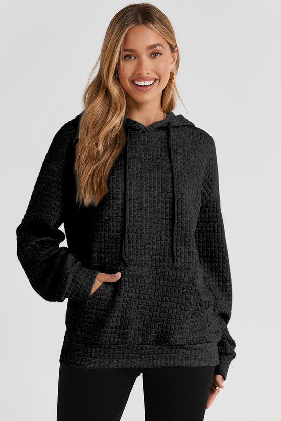 Quathered black hooded sweatshirt with kangaroo pocket and tightening cord