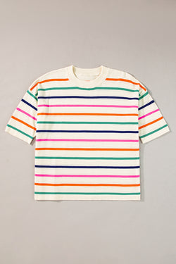 High knitted with short sleeves with beige stripes, square cut