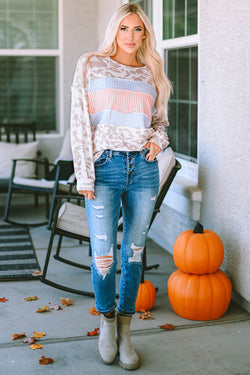 Contrast stripe and leopard animal print patchwork puff sleeve knit top