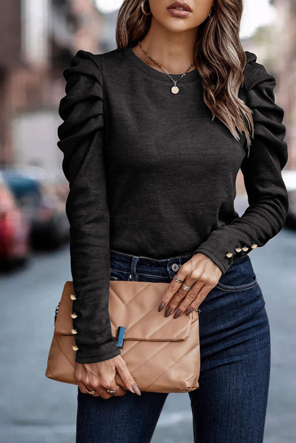 Black buttoned sheath top with long puff sleeves