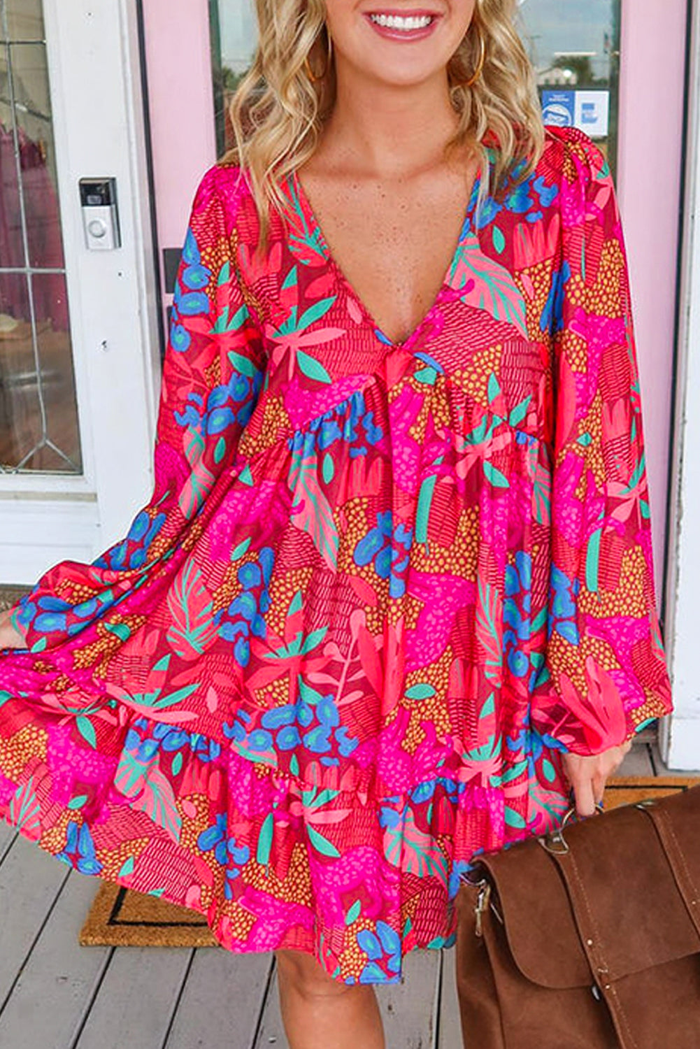 Pink Floral Print V-Neck Ruffle Bubble Sleeve Mini Dress