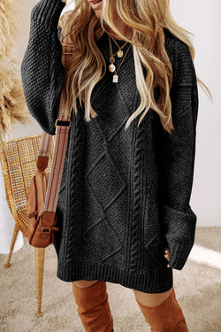 Large black sweater dress in twisted knitted with drooping shoulders