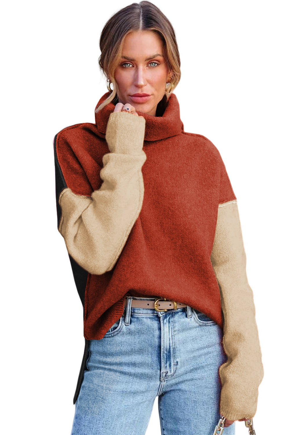 Ton roter Farbblock Block Turtle Neck Drop Schulterstrickpullover