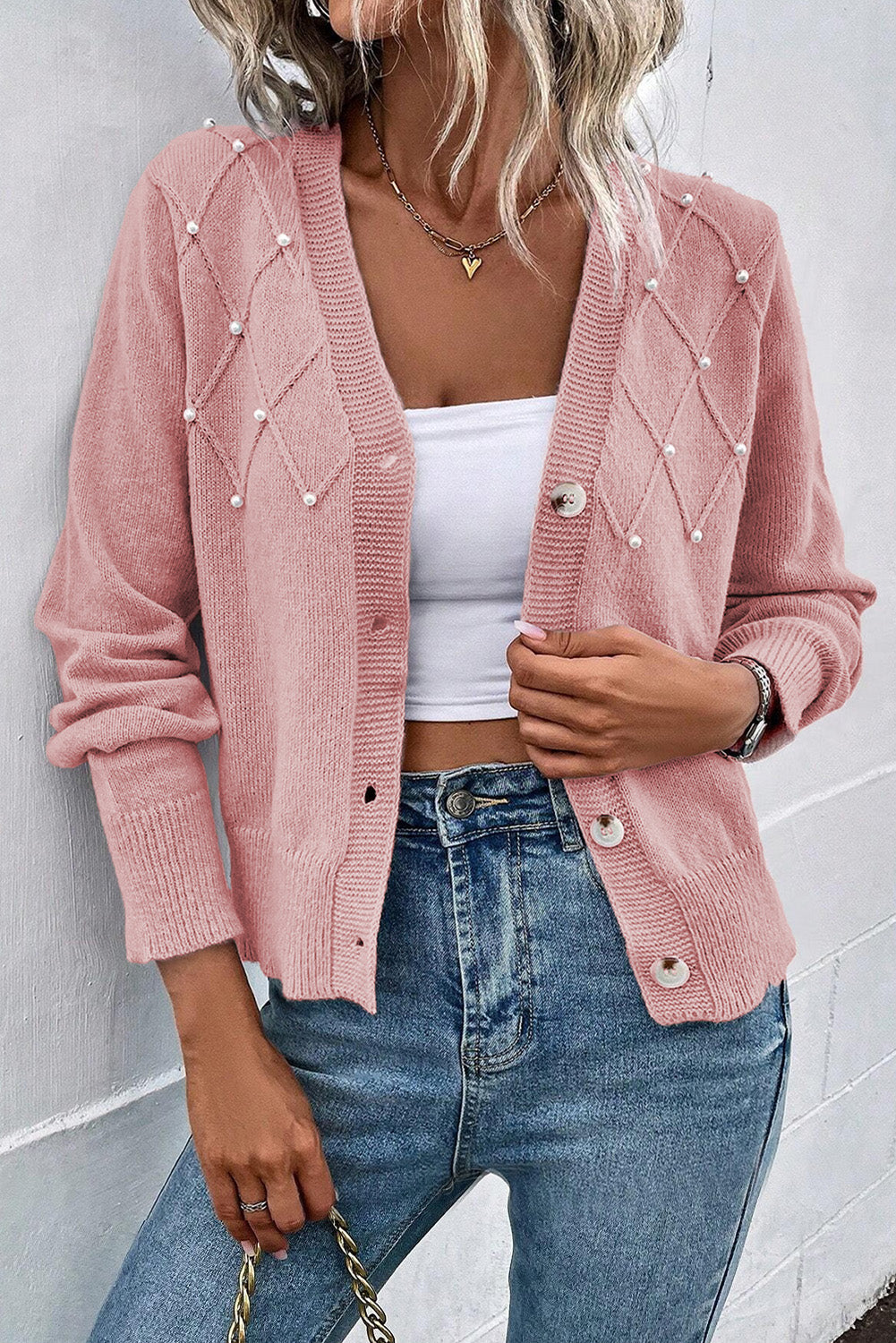 Cardigan boutonné en tricot texturé avec perles et perles sépia rose