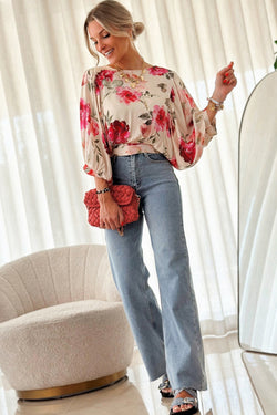 Rose flower blouse with 3/4 sleeves and laces back