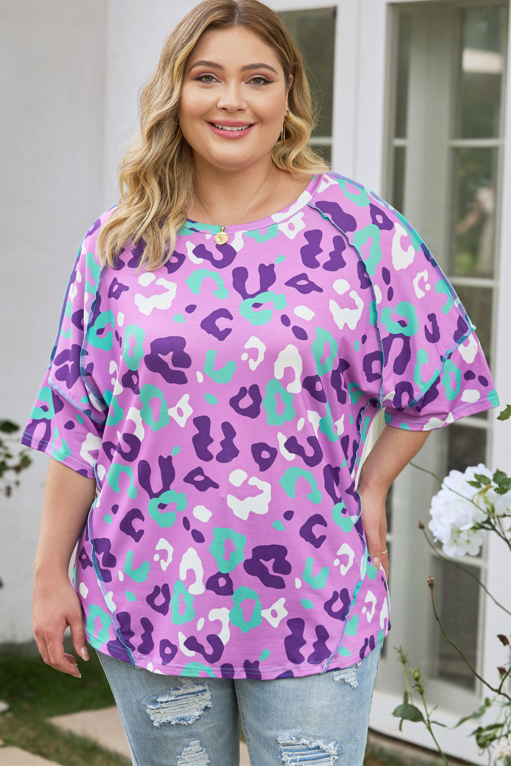 Purple Leopard Kiss Print Tun a manica corta Plus size