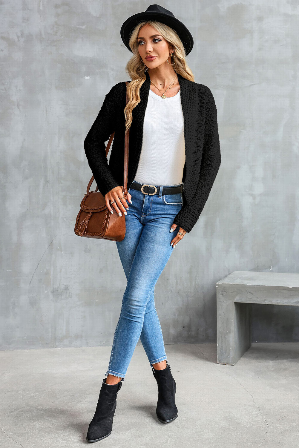 Cardigan noir ouvert sur le devant en tricot Popcorn