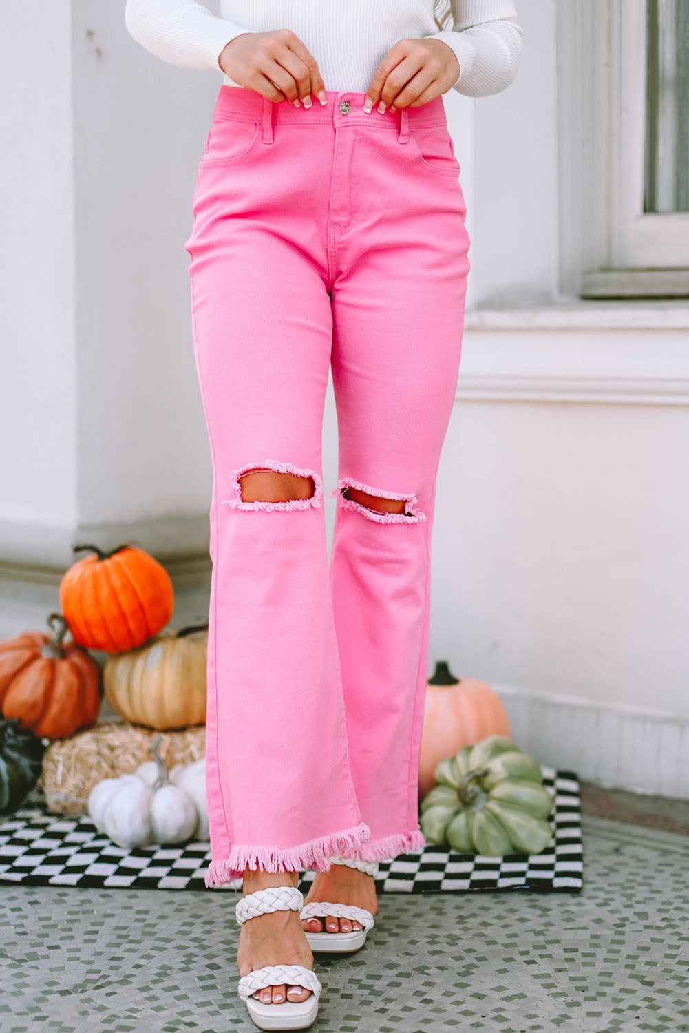 Vintage pink jeans high waist, flared leg, torn, raw hem